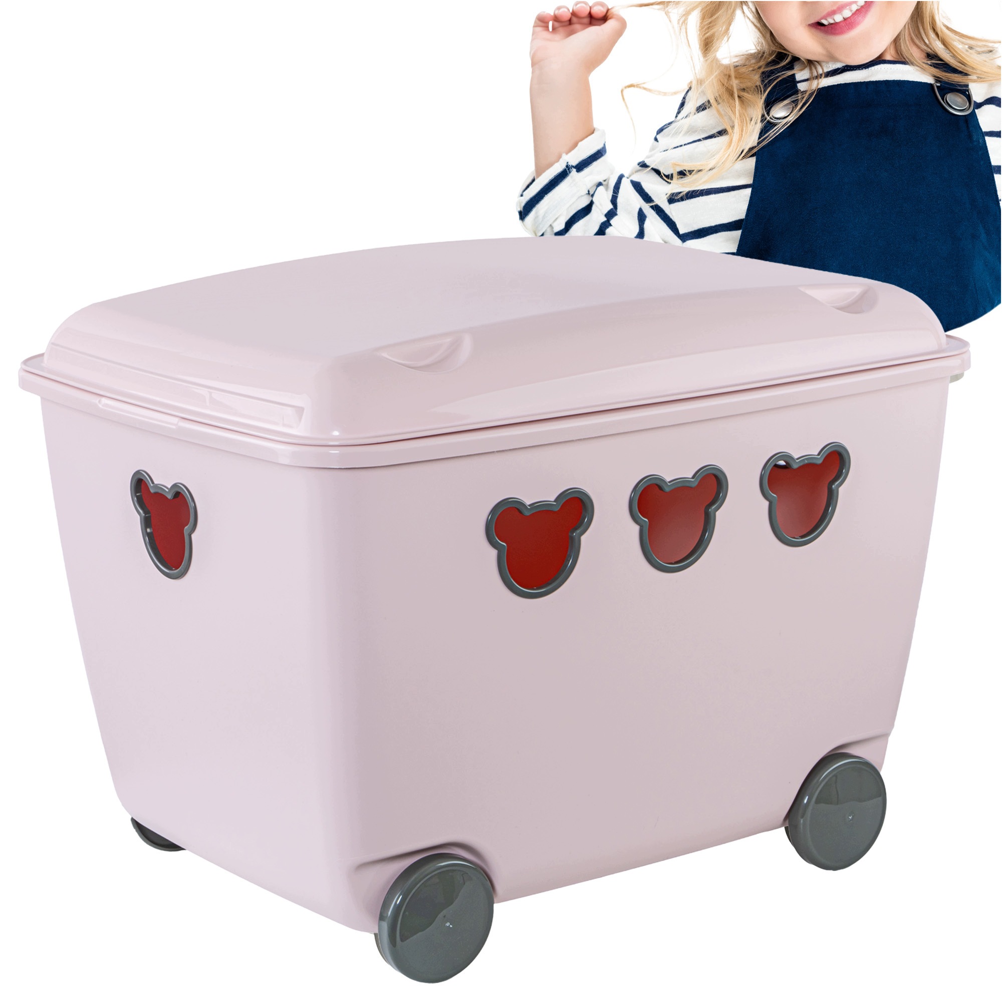 Pojemnik Plastikowy Na Zabawki Na Kółkach Kosz Skrzynia 55 L Misie Różowy