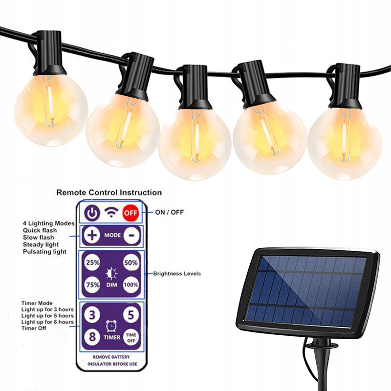 GIRLANDA SOLARNA OGRODOWA LAMPKI ŁAŃCUCH 10,3 METRÓW 30+2 LED Z PILOTA Średnica kuli 4 cm