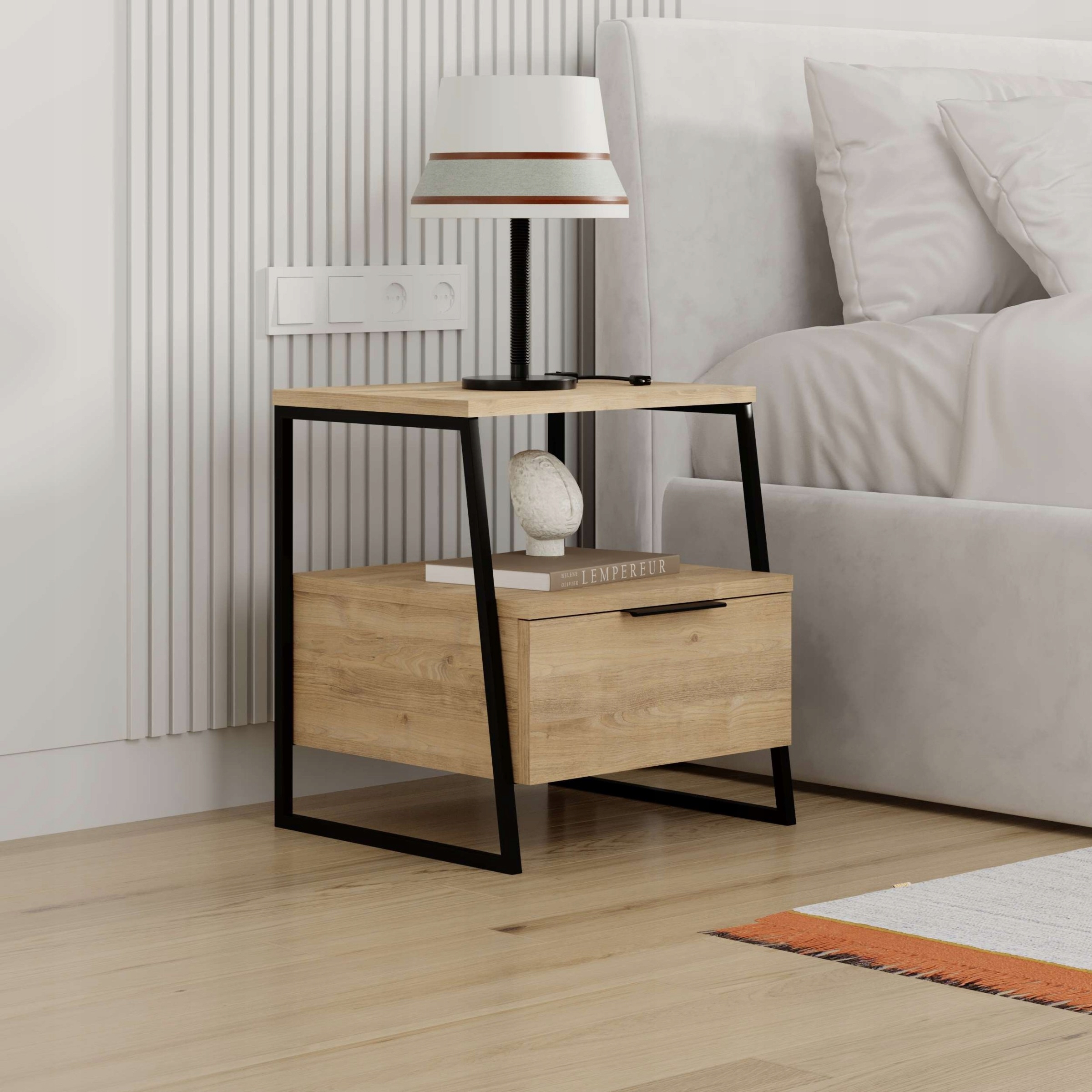 Nočný stolík Houseland Pal dub prírodný/čierny