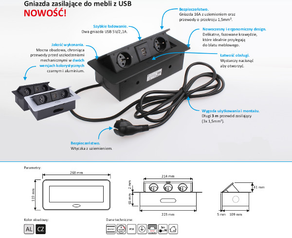 Kancelářská zásuvka bílá barva, 2x francouzská zásuvka,