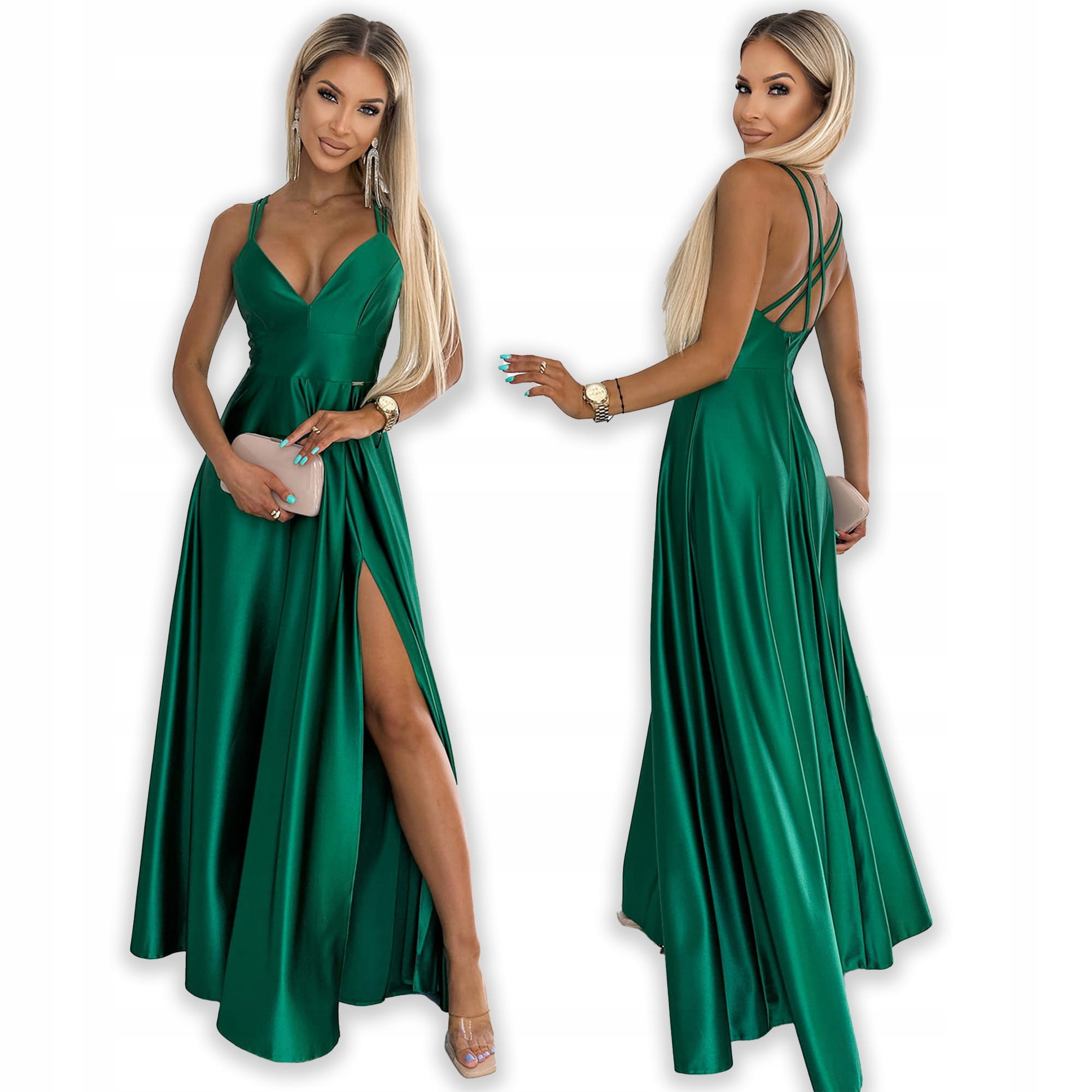 Luna elegantní dlouhá saténová sukně s výstřihem Zeleň Lahvová XL