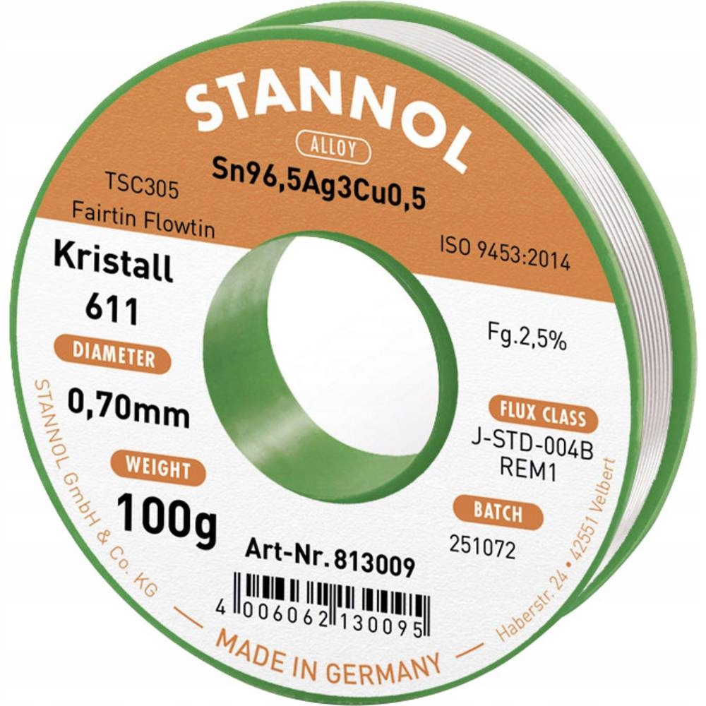 Pájecí dráty Sn96.5Ag3Cu0.5 0.7mm 100g s tavidlem Stannol