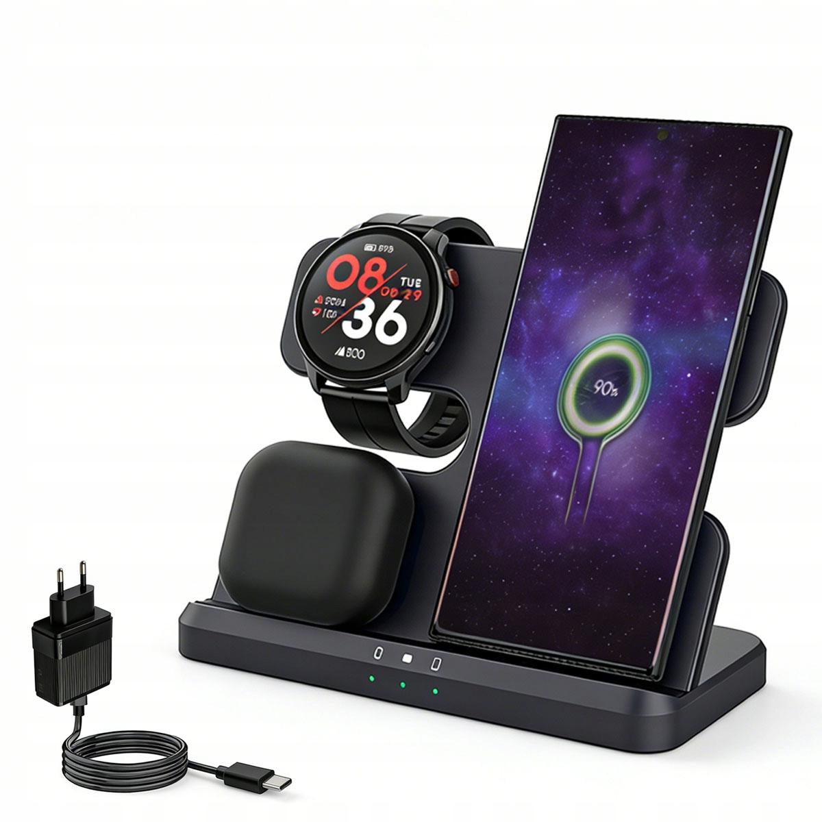 Bezprzewodowa ładowarka 3w1 z zasilaczem szybka do tel., zeg., słuch.