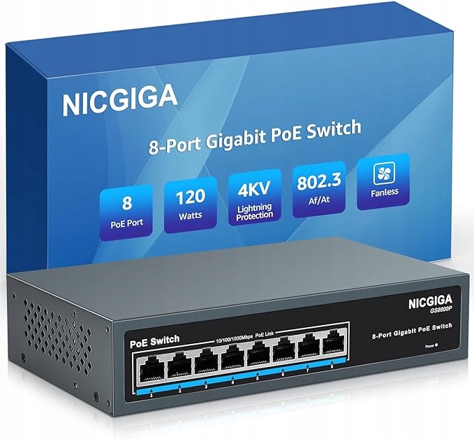 8-portový gigabitový prepínač PoE Nicgiga GS0800P s 8 portami PoE+