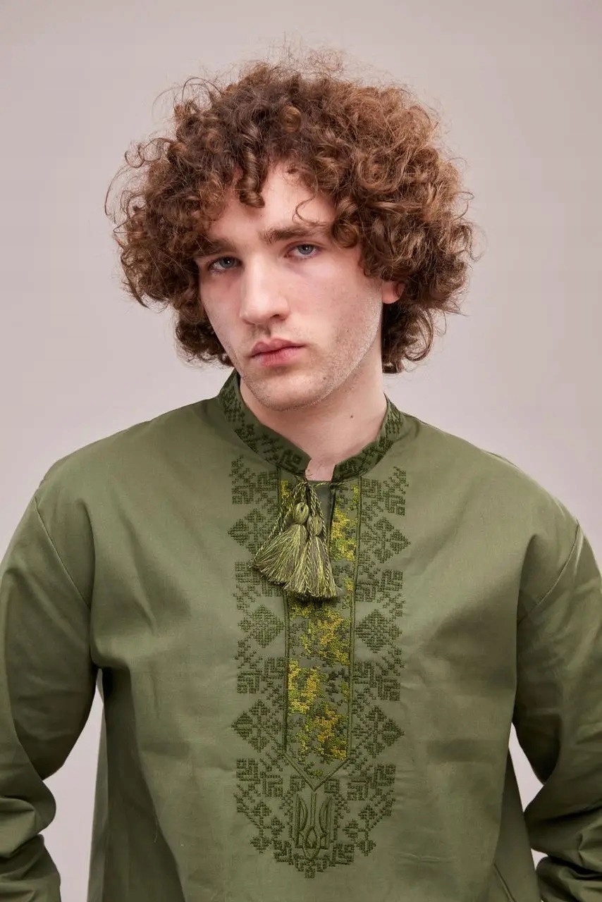 Pánská vyšívaná košile tmavě zelená bavlna M (50)