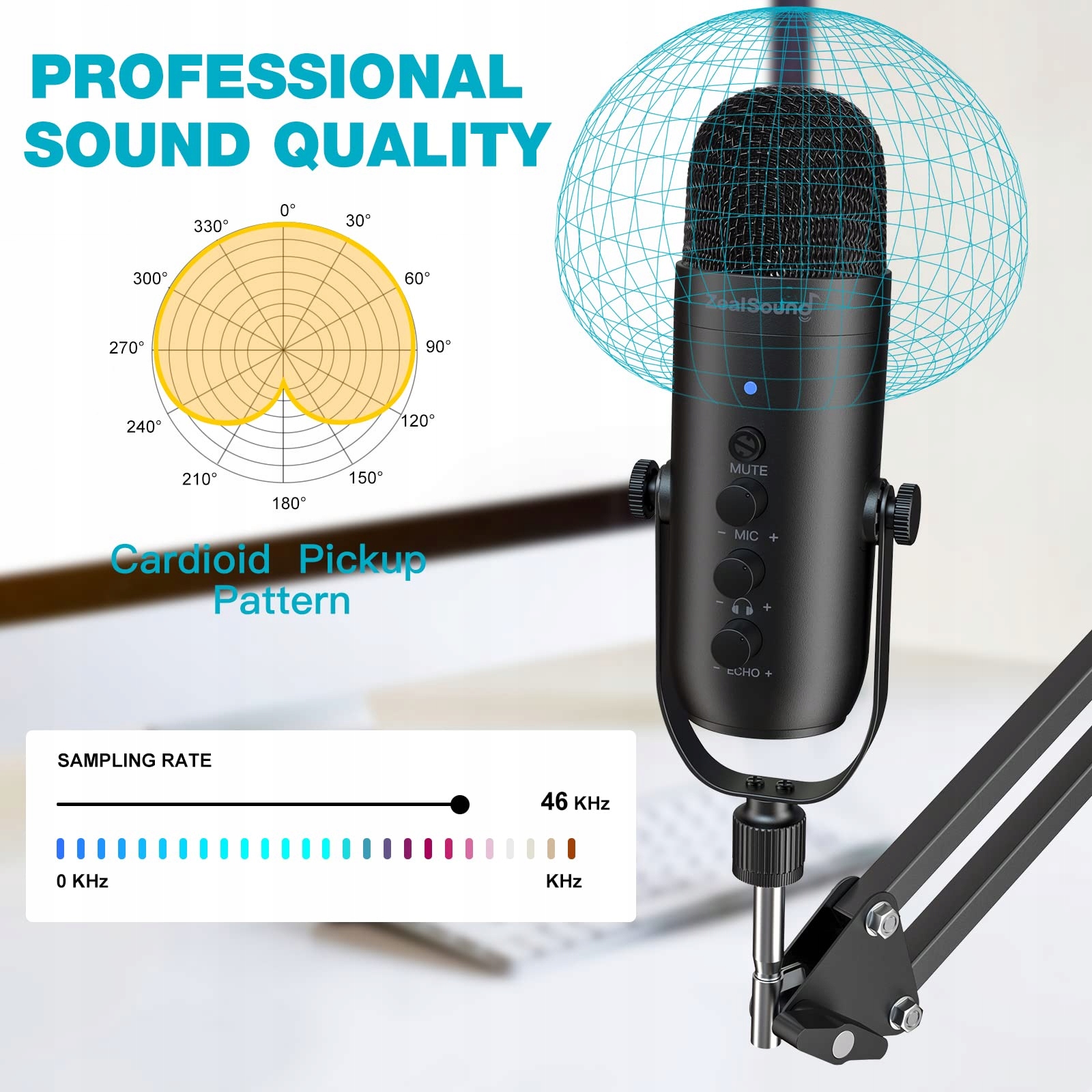 ZEALSOUND K66 USB Mikrofon Do Gier iPhone PC PS5 Mac Podcast Streaming — miniatura 3