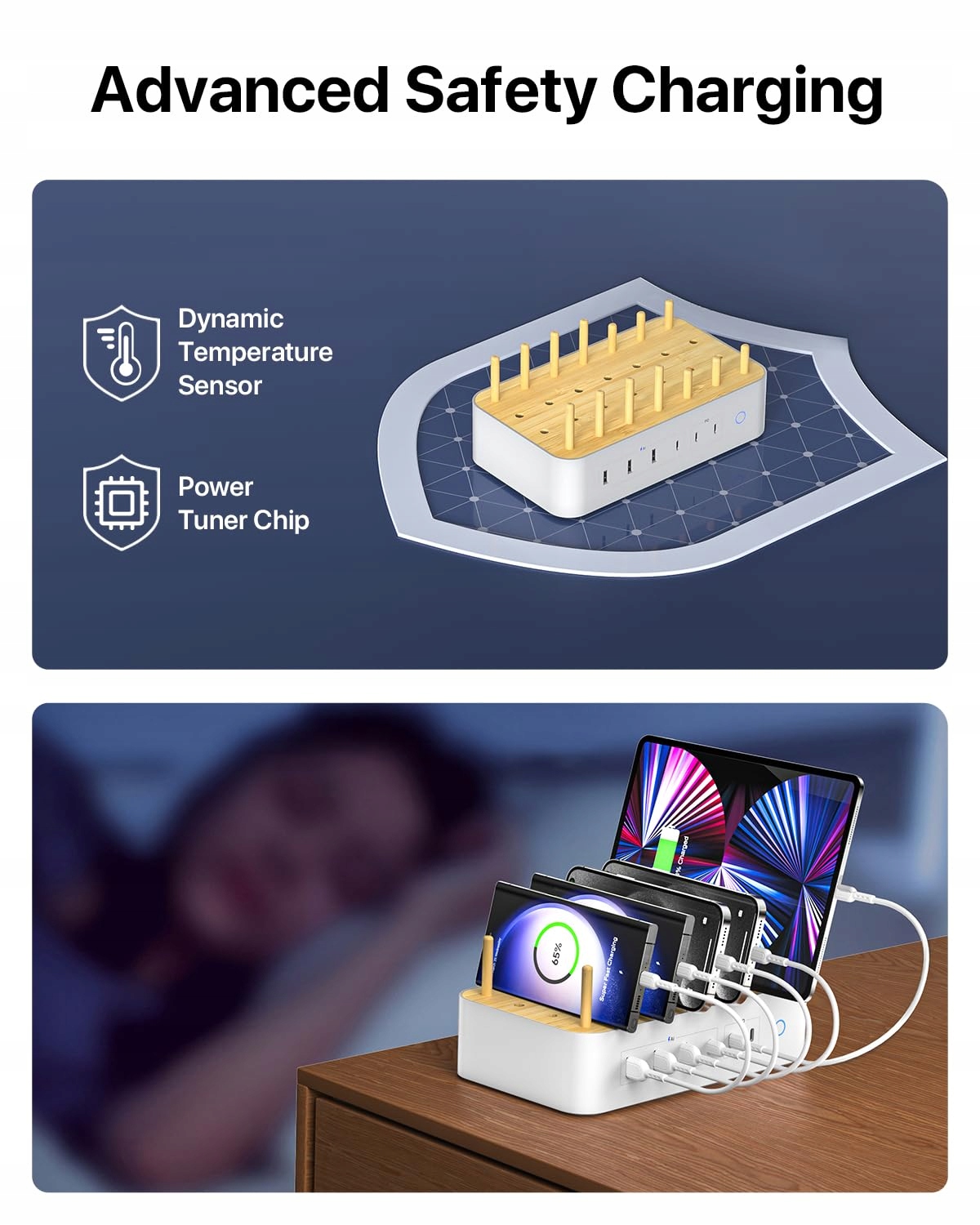 VISIONSYNC Stacja Ładowania USB C 60W 6 Portów Z Bambusa Biała — miniatura 6