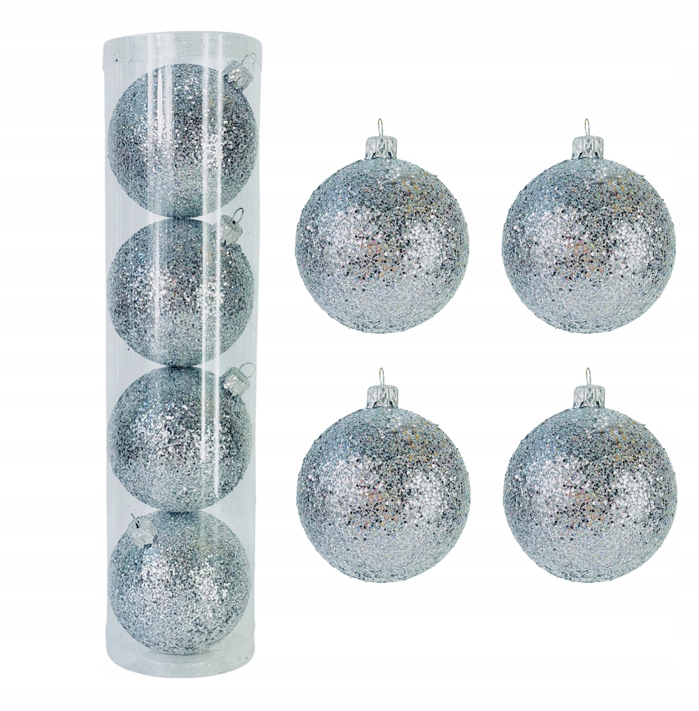 

Bombki bańki komplet 4szt bombek srebro brokat 8cm