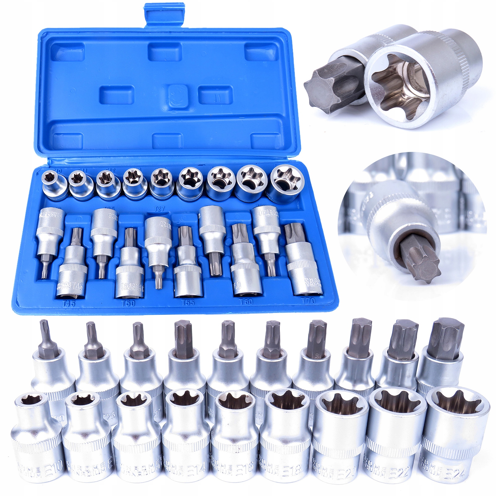 KLUCZE NASADOWE TORX SPLINE 1/2" CALA NASADKI BITY ZESTAW KLUCZY 19el