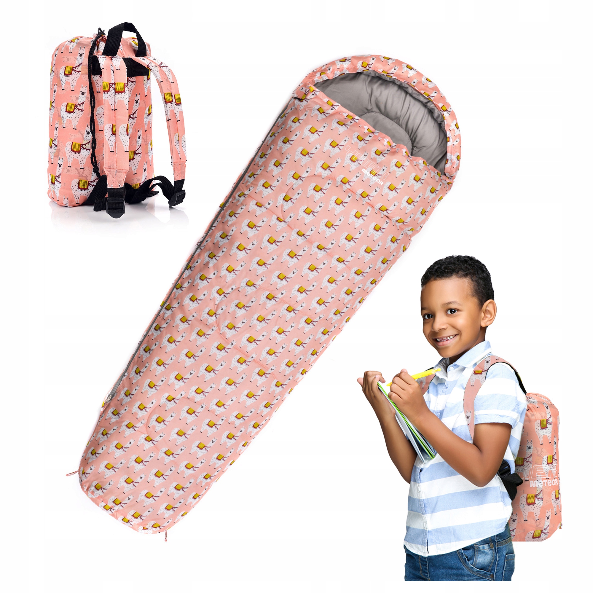 Śpiwór Dla Dzieci Z Plecakiem Meteor mumia Ymer Lama (130+30)x60/40cm