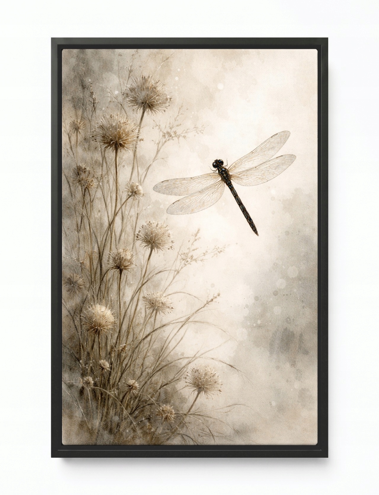 Obraz Rám Americký Box Příroda Louka Trávy Bodlák Hmyz Vážka Béžová Boho 40x60