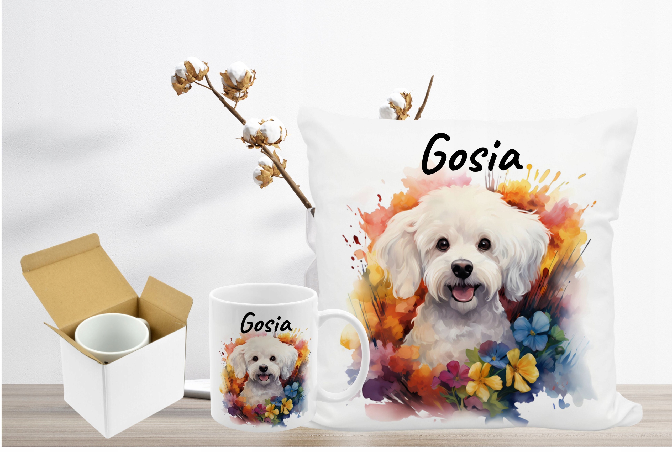 KUBEK PODUSZKA ZESTAW PIES PIESEK Bichon Frise Materiał ceramika