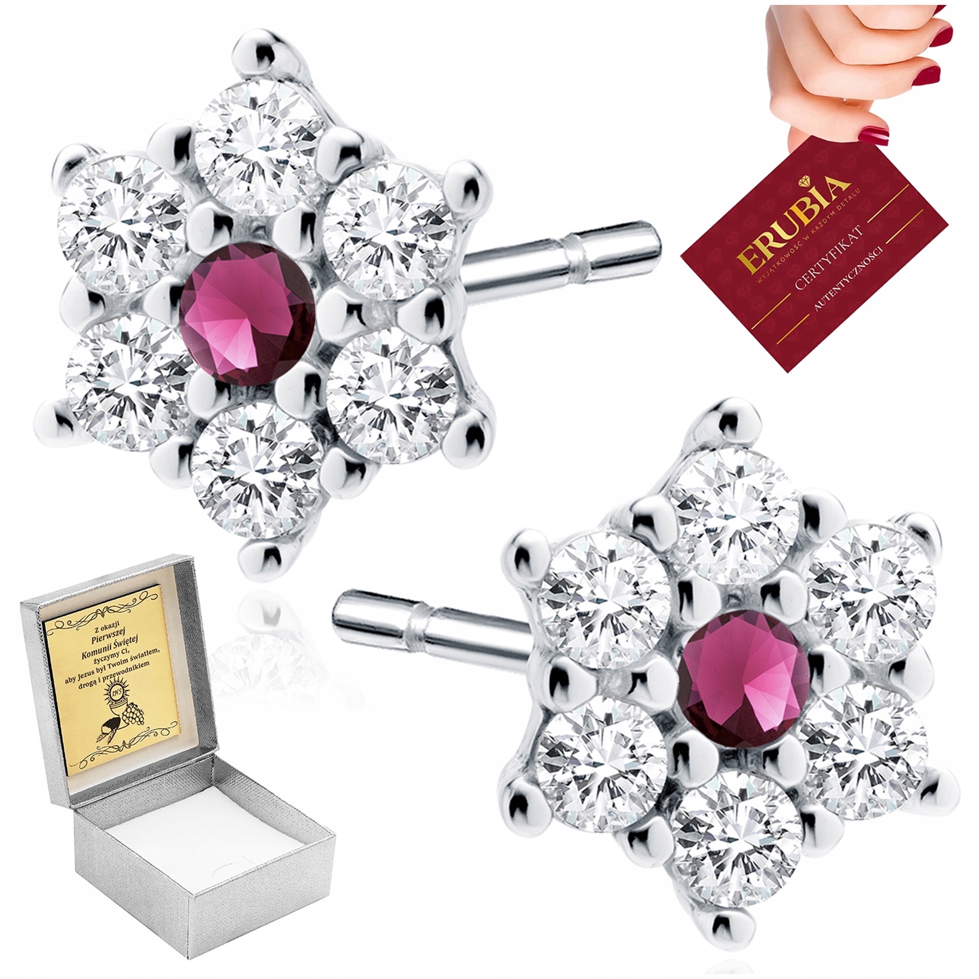 Stříbrné Náušnice Rubínové Kytičky 925 Se Zirkony Pro Dívku Gravírování