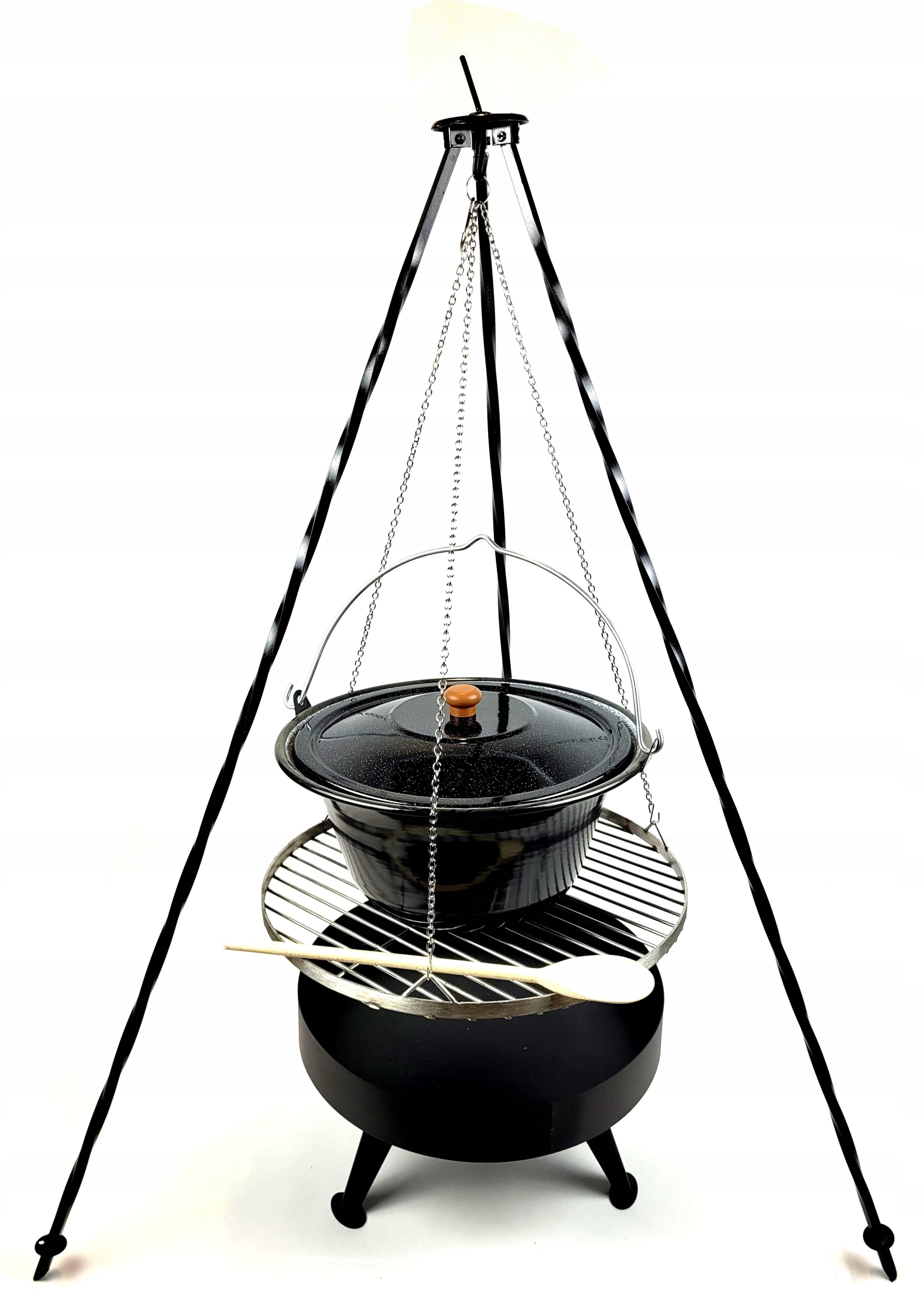 Gril na ohnisko 40 nerezový rošt 45 smaltovaný kotlík 13 l s vekom