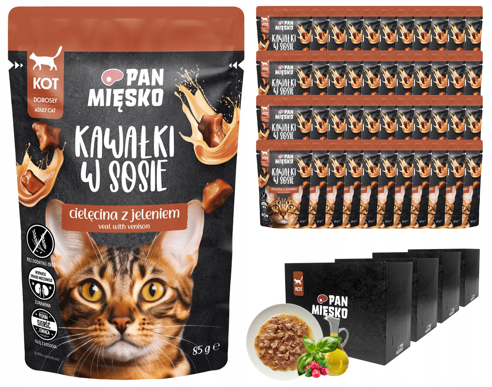 Pan Mięsko mokra karma dla kota Cielęcina Z Jeleniem kawałki w sosie 48x85g
