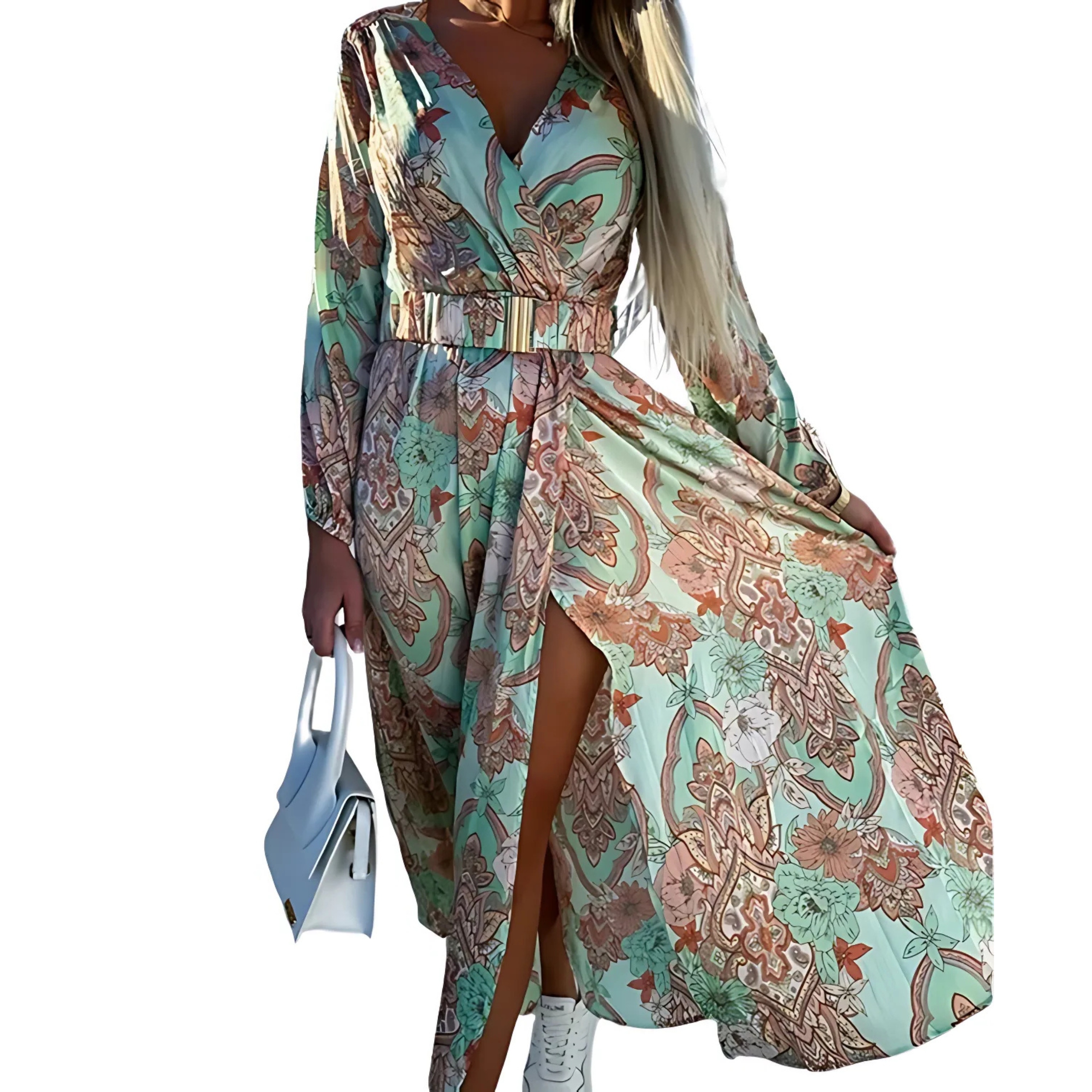 Sukienka damska wzorzysta długa maxi rozkloszowana z paskiem miętowa