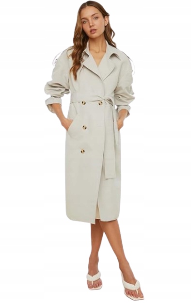 Trendyol Klasický Šedý Kabát S Páskem A Dlouhým Rukávem 36 5AB