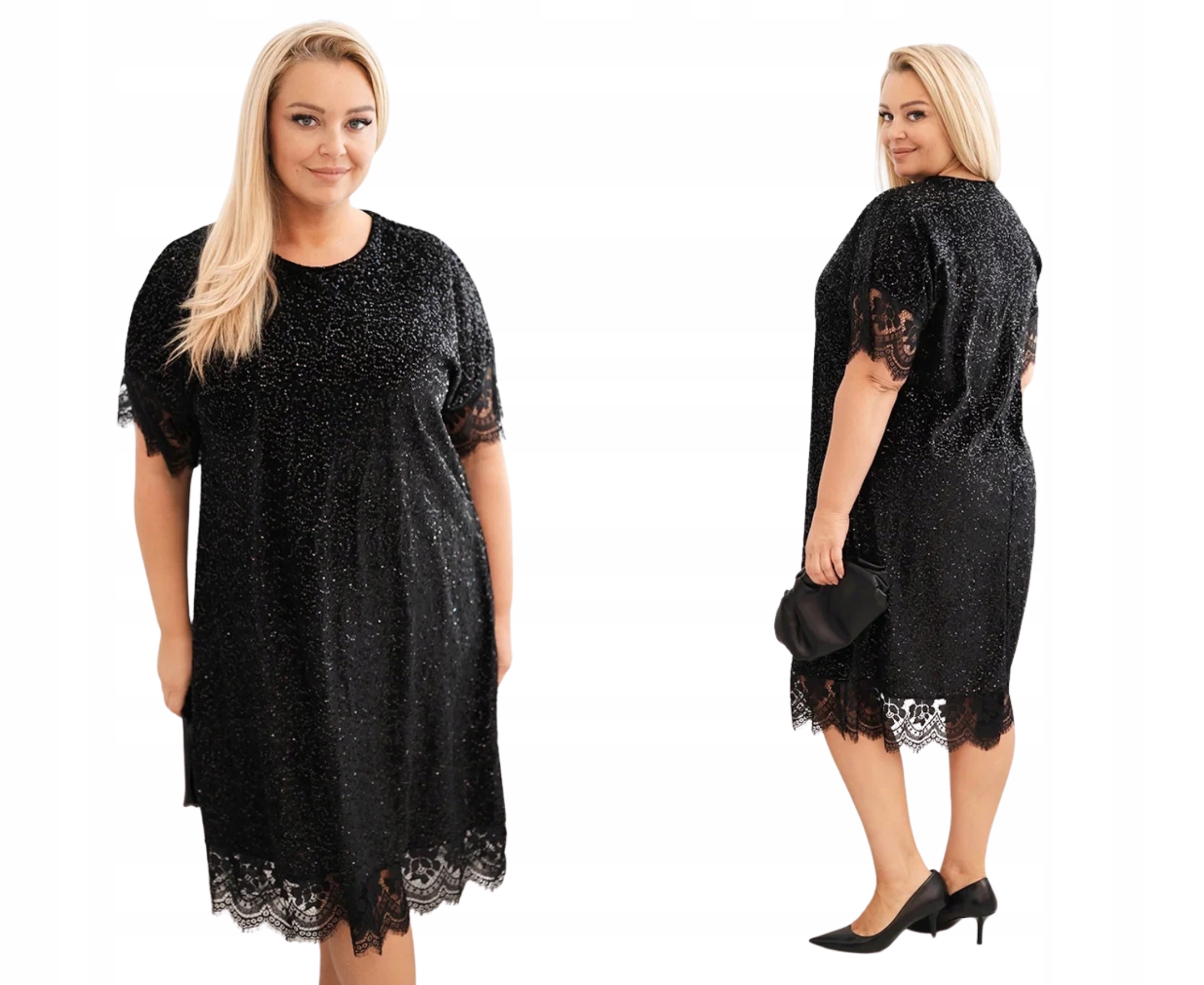 Dámské Šaty pro větší velikosti s flitry a krajkovým lemem, černé
