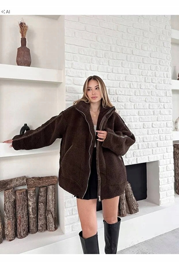 Kabát Oversize Semišový Teplý Hnědý Univerzální 5IA