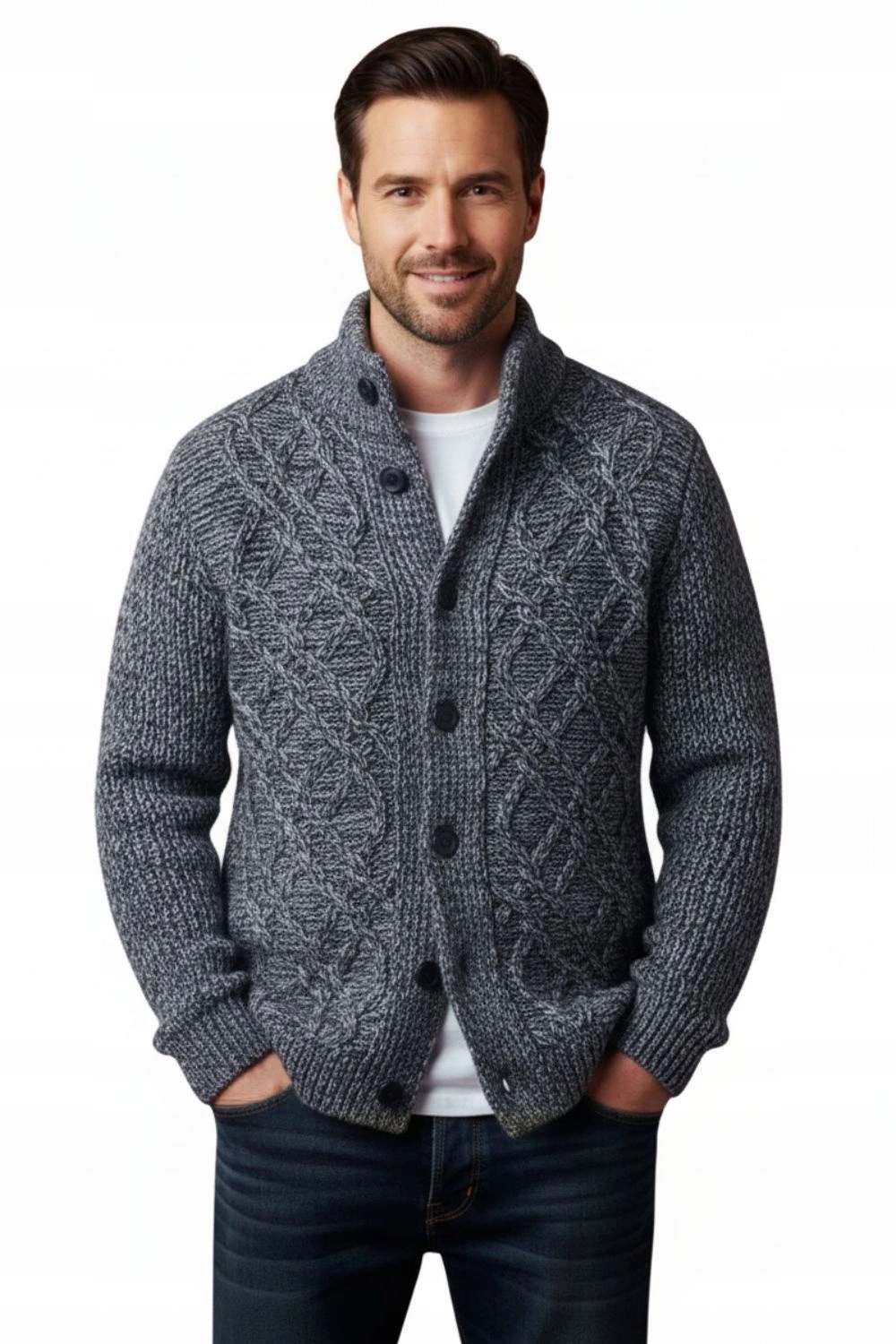 Pánský svetr Hopenlife Eustache šedý melír s klasickým zapínáním vel. S