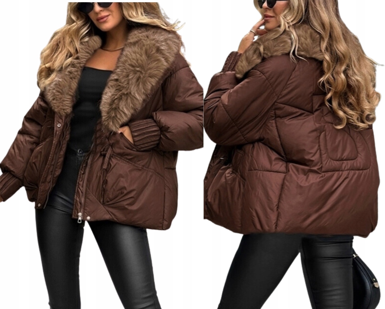 Dámská prošívaná Zimní Bunda Modna odnímatelná kožíšek Čokoládová Hnědá XL