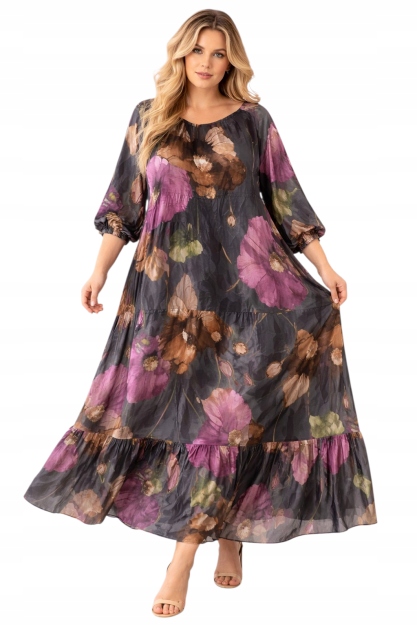 Sukienka Jedwabna Długa Włoska Kwiaty Romantyczna 54 56 7xl 8xl