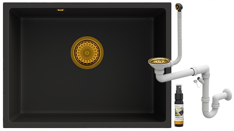 Jednokomorový granitový drez Manado 60, zlatý sifón