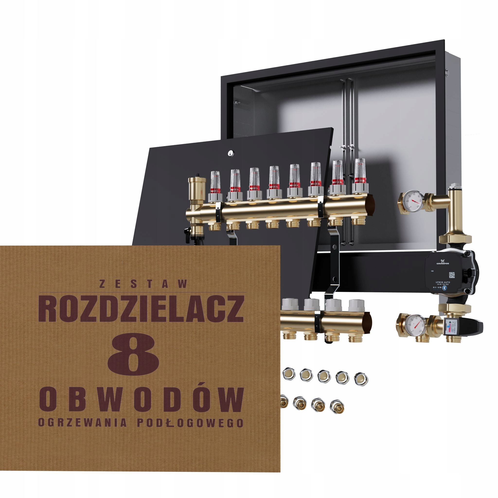 Rozdělovač pro podlahu 8 čerpadlo Grundfos podomítková skříňka černá Pex