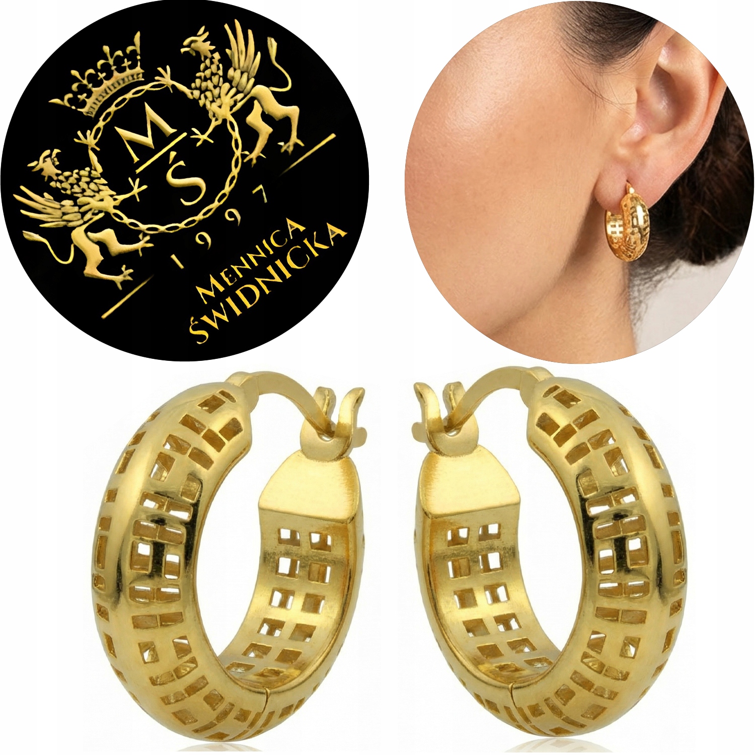 Złote Damskie Kolczyki Koła Srebro 925 Pozłacane Ażurowe Grawer