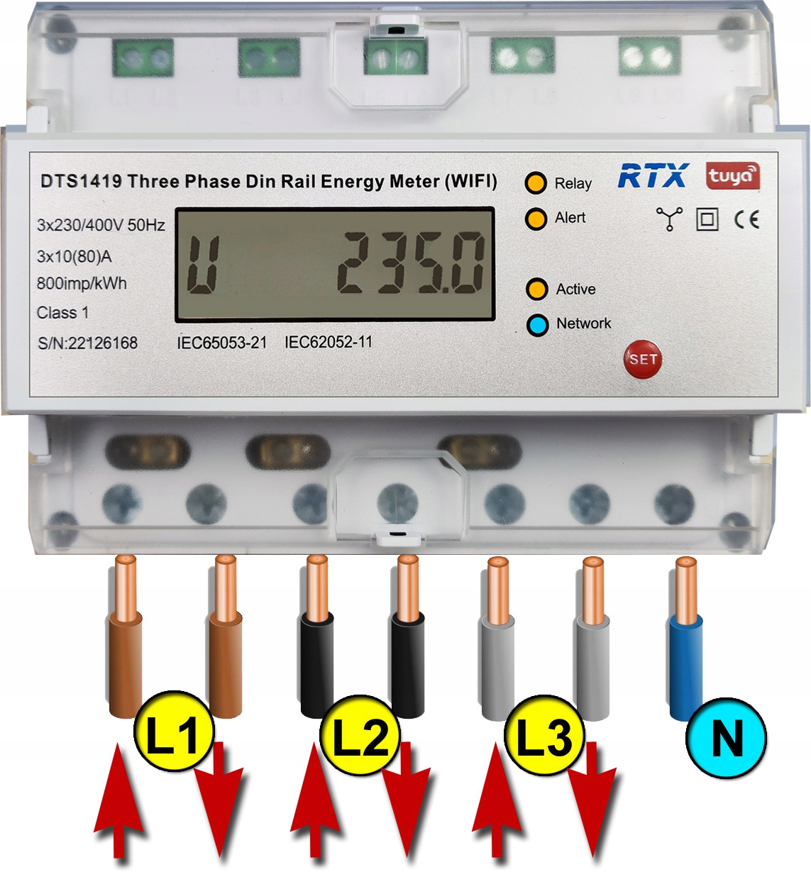 Licznik Miernik Energii Prądu 3 Fazowy do 80A TUYA WiFi 2-kierunkowy PV Seria DTS1419
