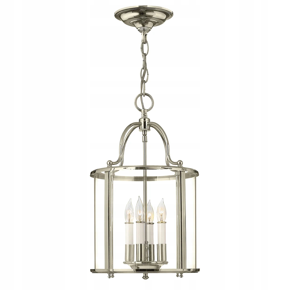 Klasická závesná lampa leštený nikel okrúhla do obývacej izby Hinkley 4 body