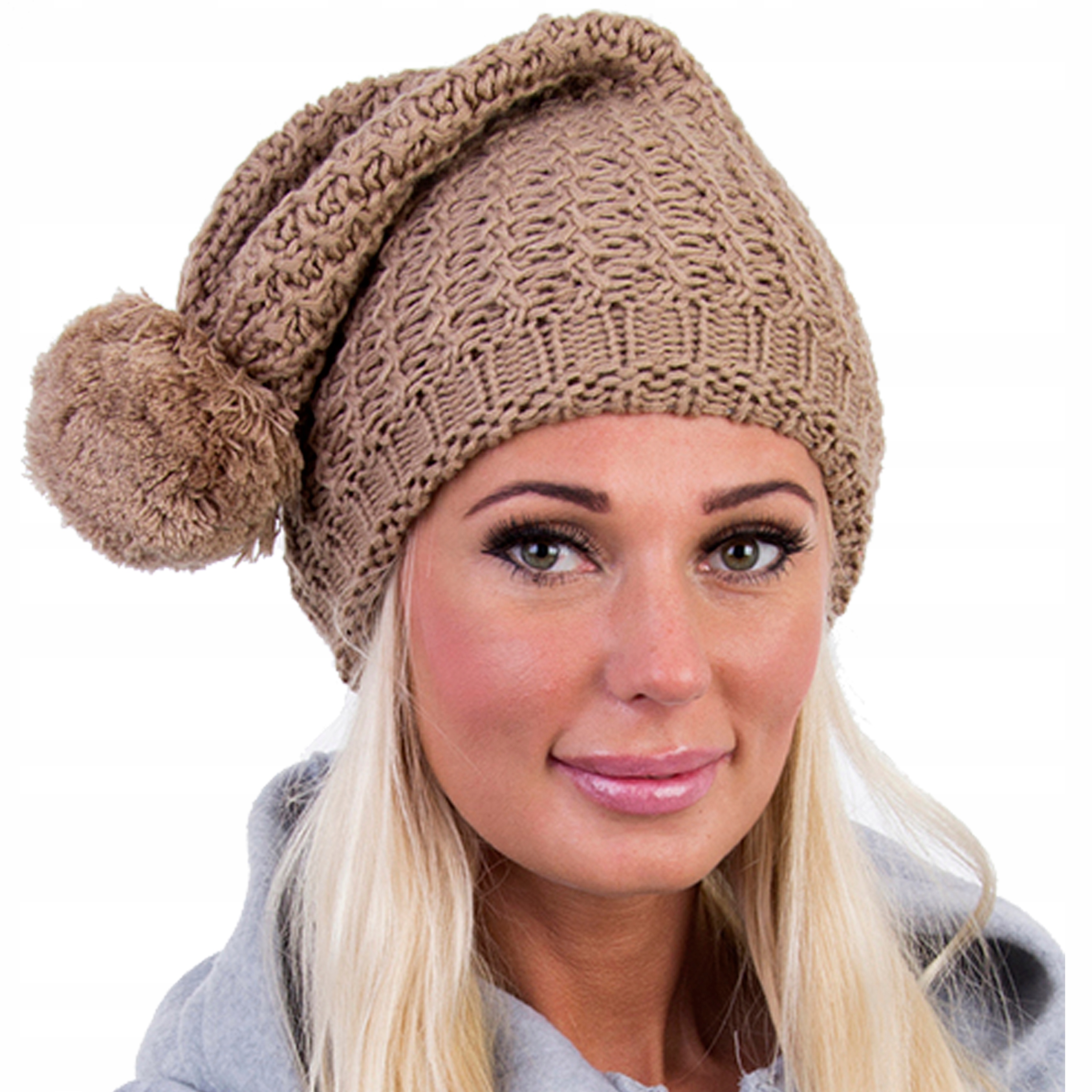 

C125 Czapka Beanie Krasnal Pompon Brąz