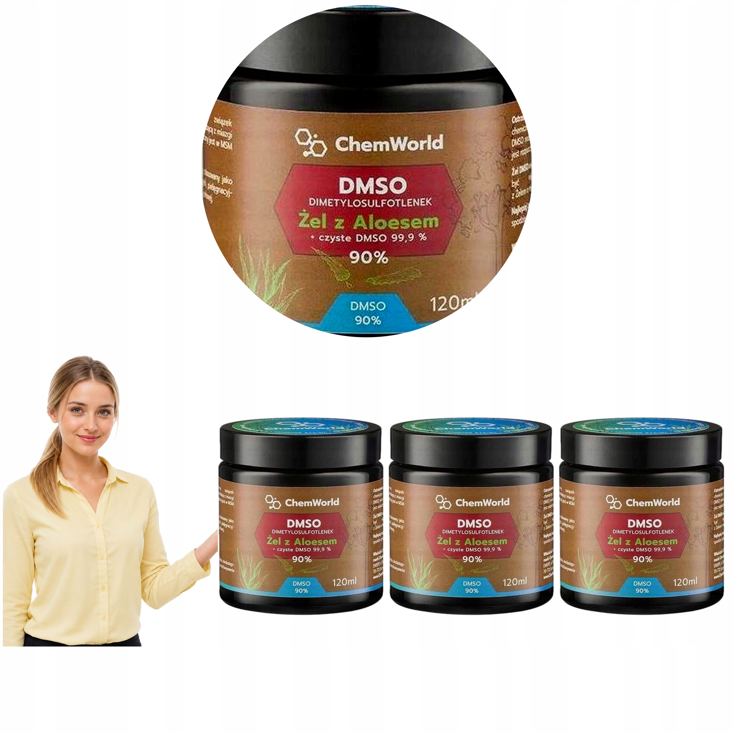3x Chemworld Żel Dmso 90% z Aloesem Dimetylosulfotlenek Aloe Vera 120 ml