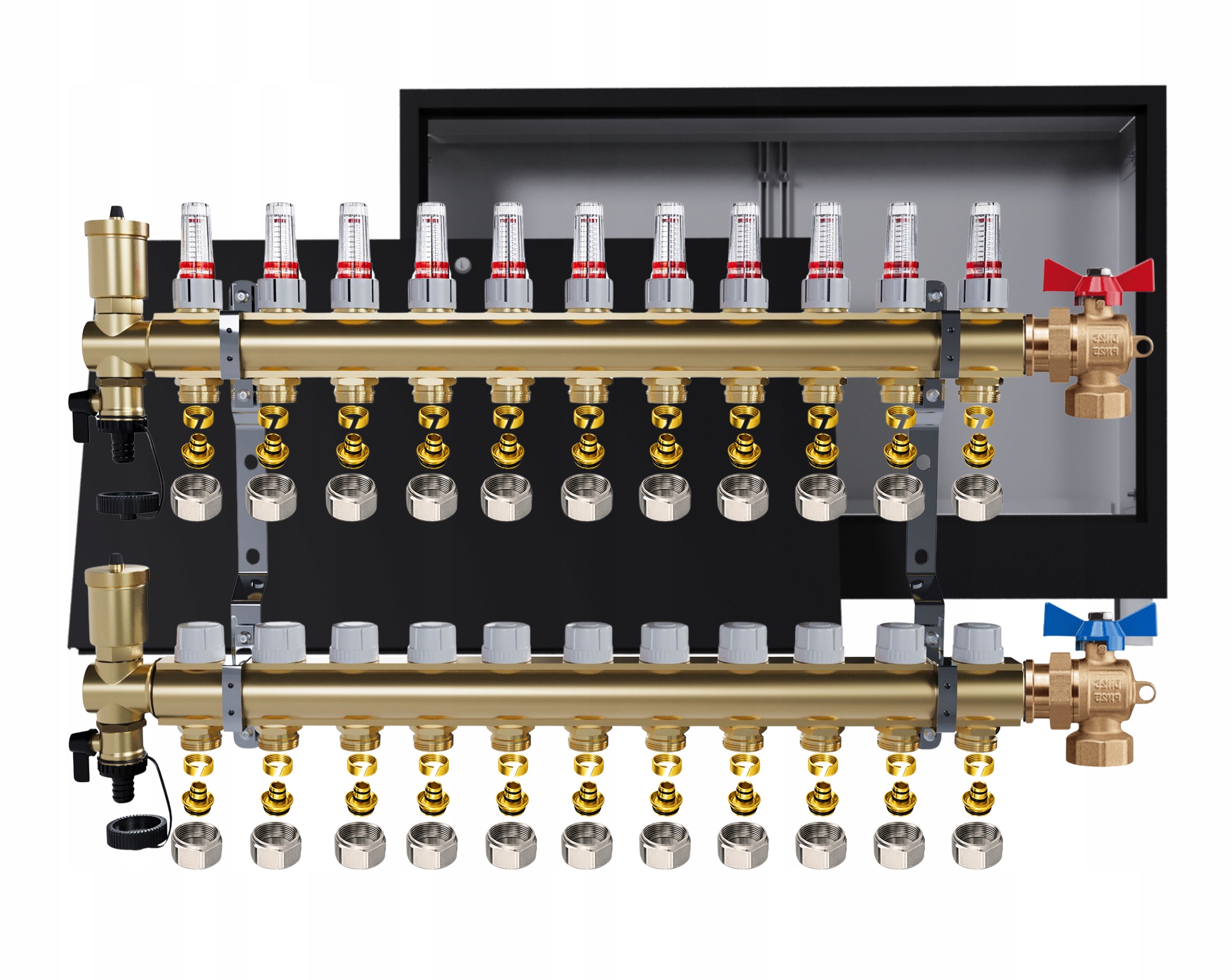 Rozdělovač podlahový mosazný 11 obvodů Podomítková skříňka černá Pex