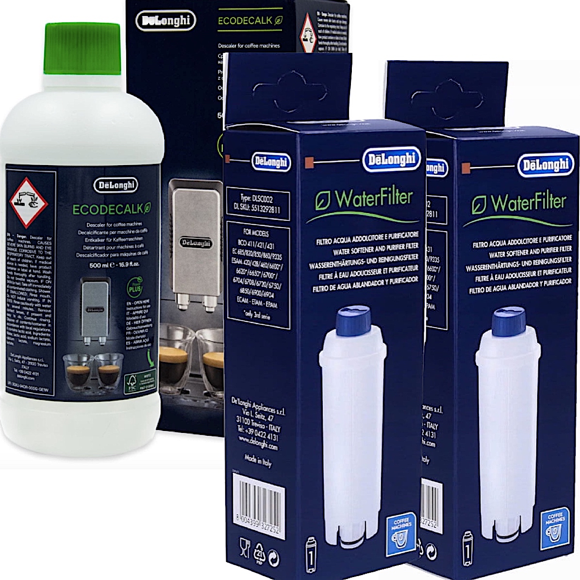 Levně Originální Odvápňovač 500 ml 2x Filtr Kávovaru Delonghi 3017 Dls C002