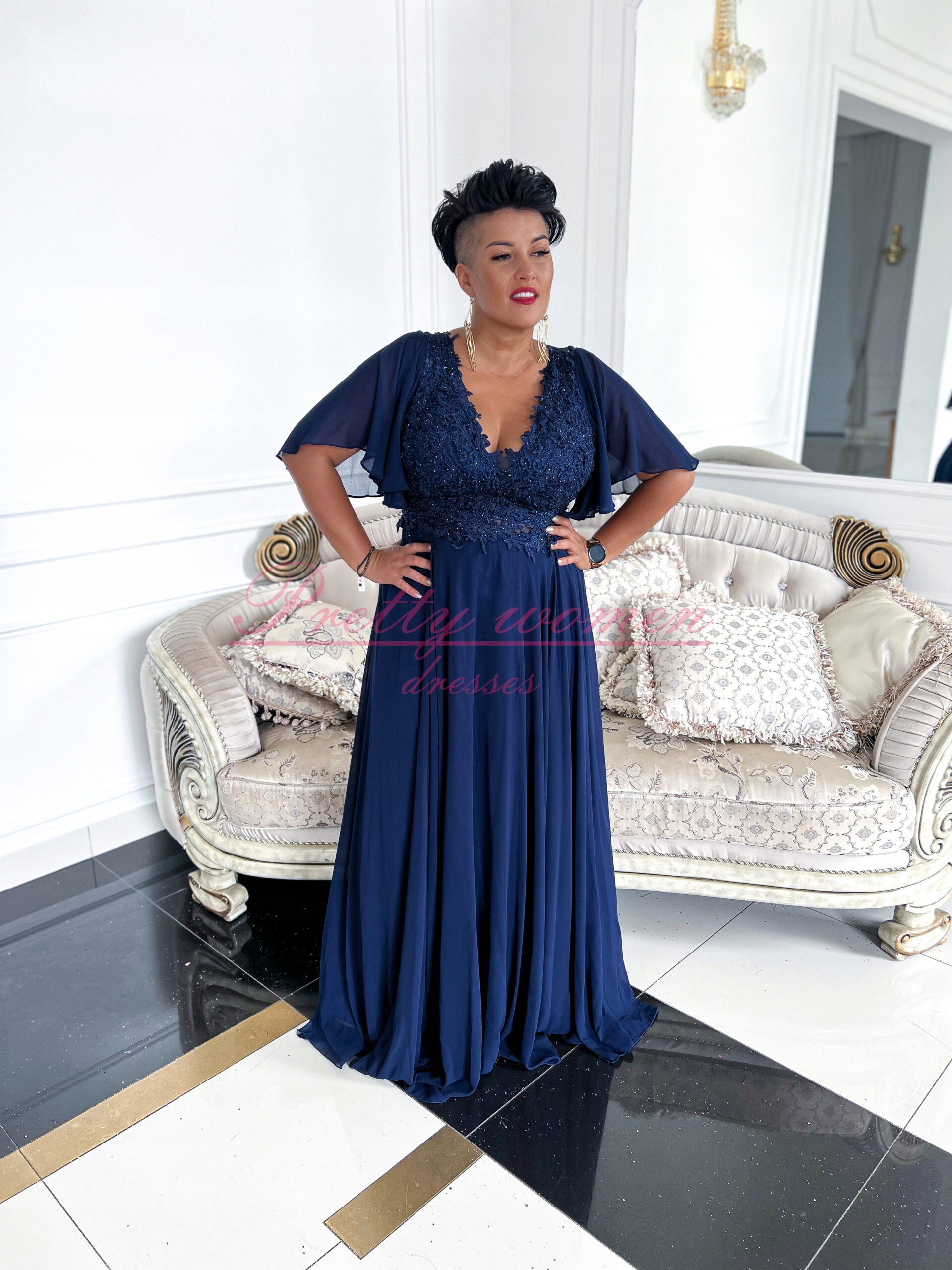 Šaty Arczi Dlouhé S Krátkým Rukávem, Tmavě Modré, Velikost 50