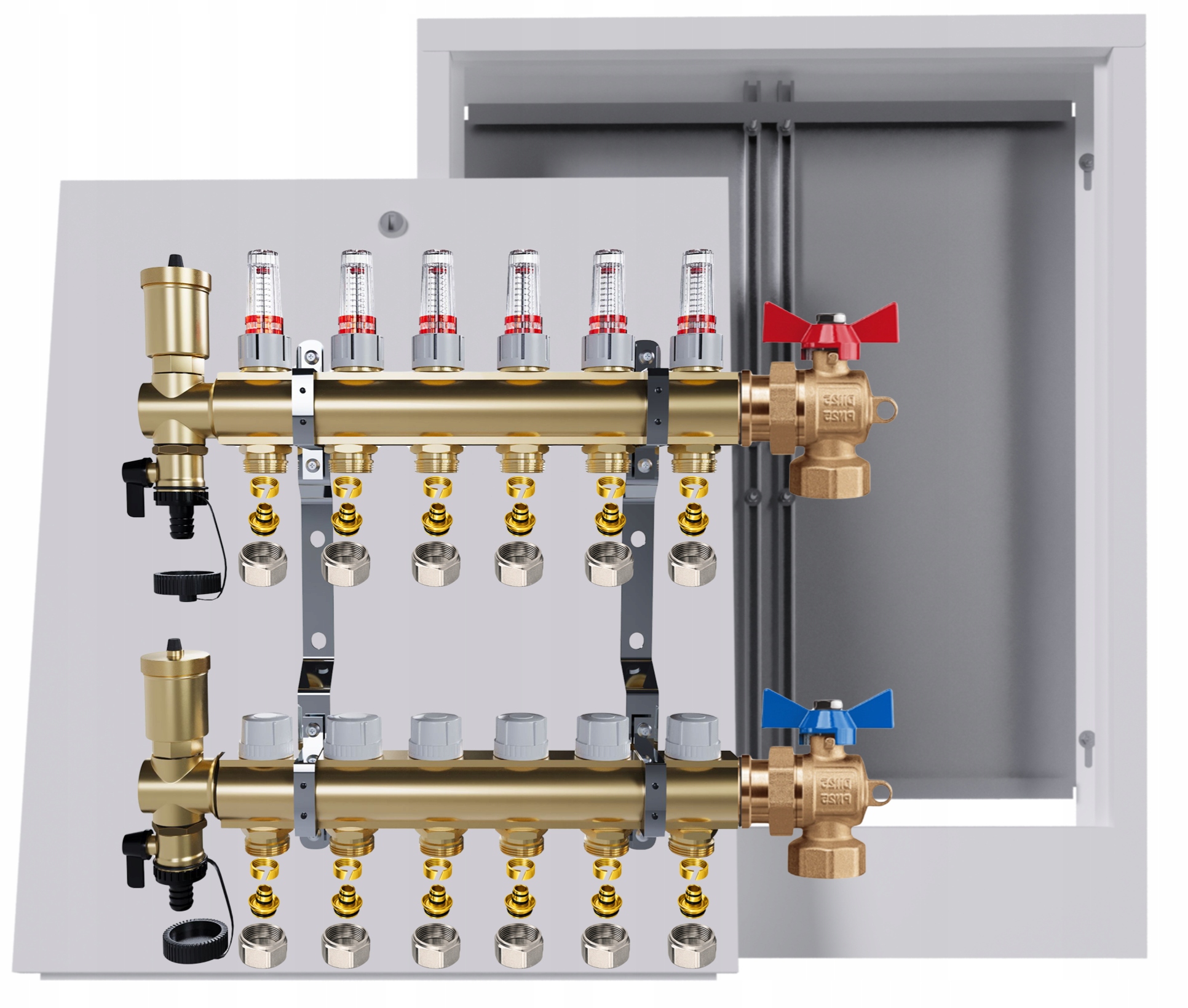 Rozdělovač mosazný podlahový 6 okruhů skříňka na omítku kulový Pex