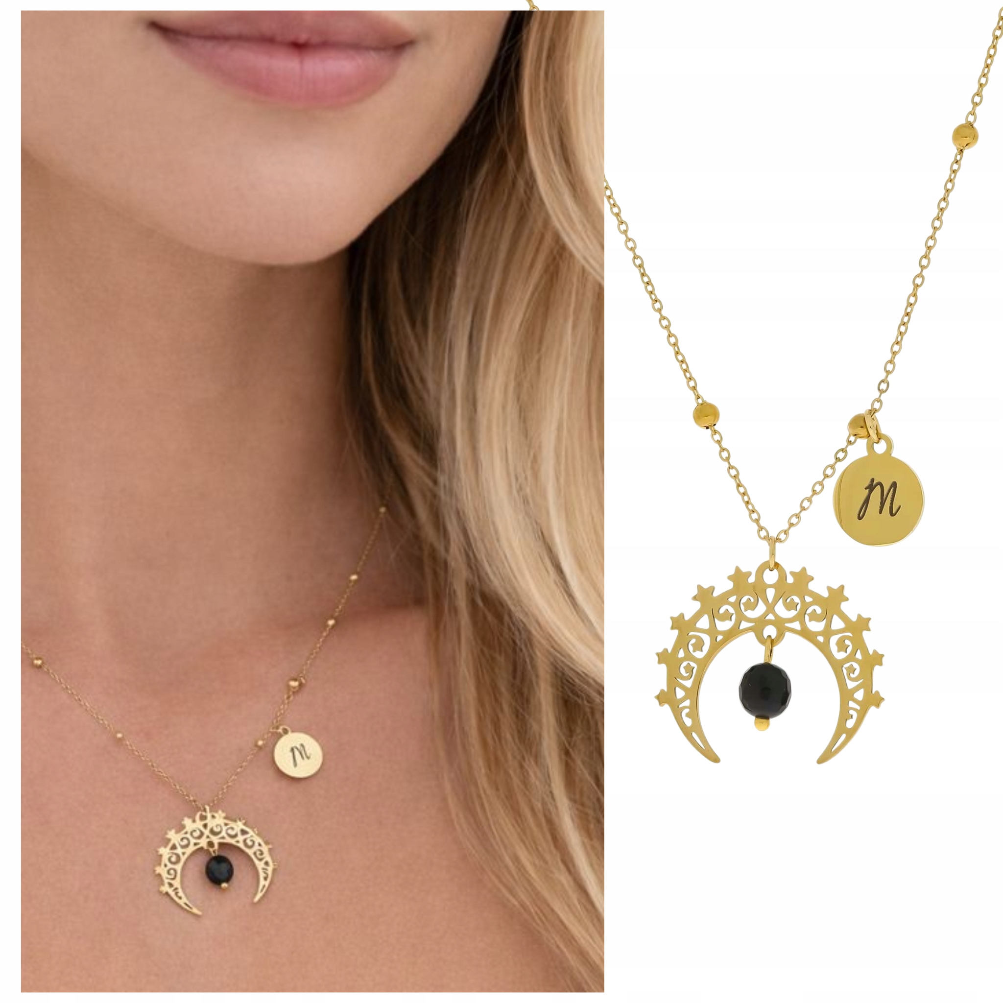 Naszyjnik z grawerem literka księżyc kamień turmalin czarny kobieta