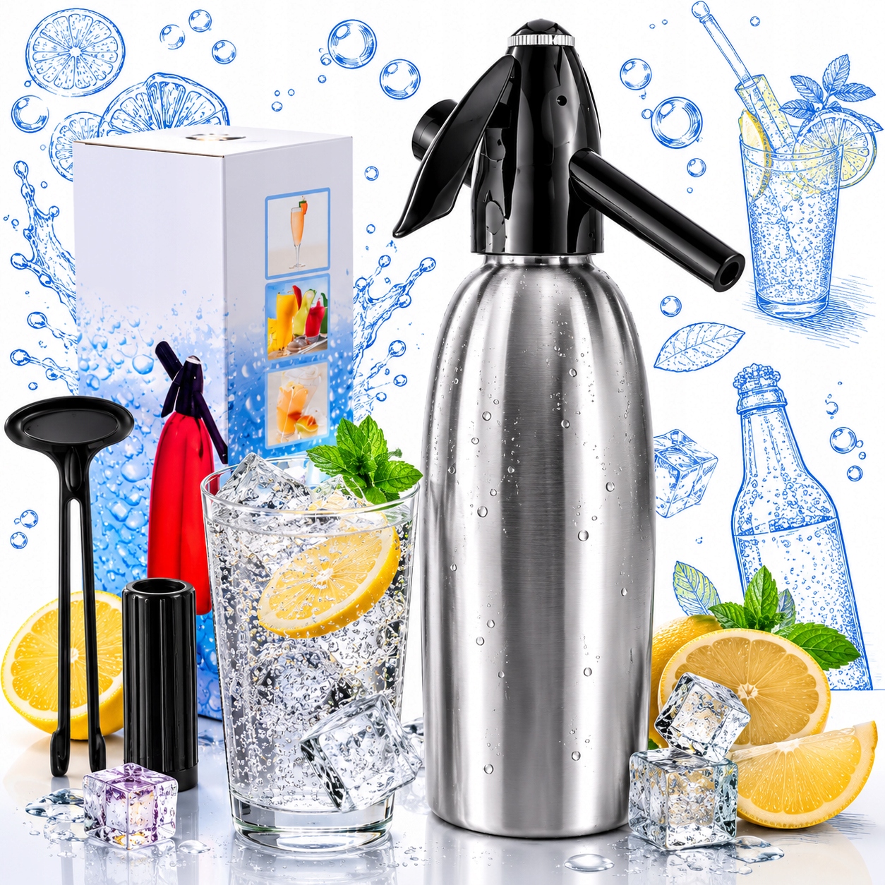 Sifon Výrobník Sody CO2 Ocelový 1L stříbrný