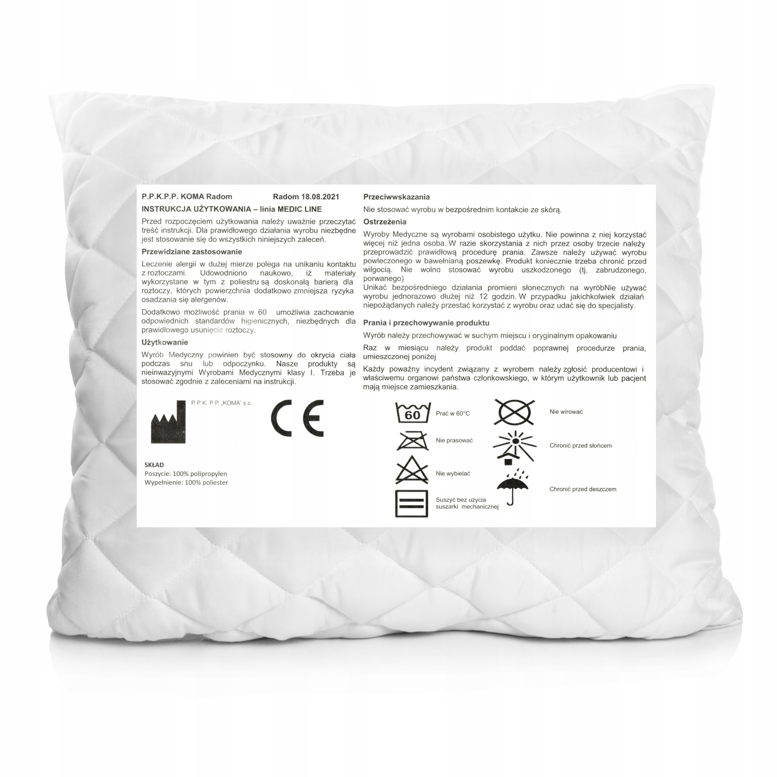Poduszka 70x80 antyalergiczna medyczna biała Medic Line Wymiary poduszki 70x80cm
