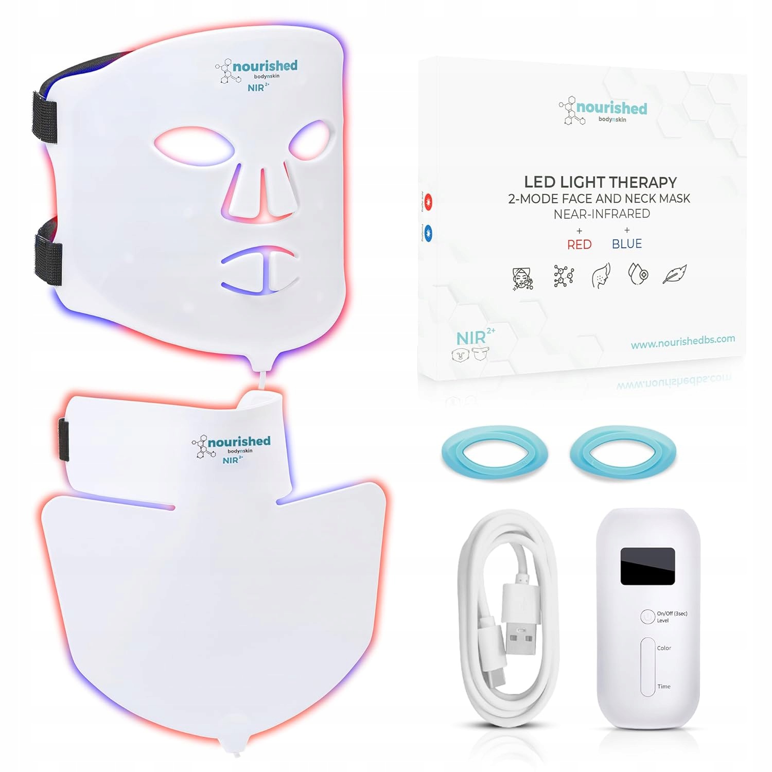 Led maska na obličej a krk, terapie červeným světlem, anti-aging, modrá