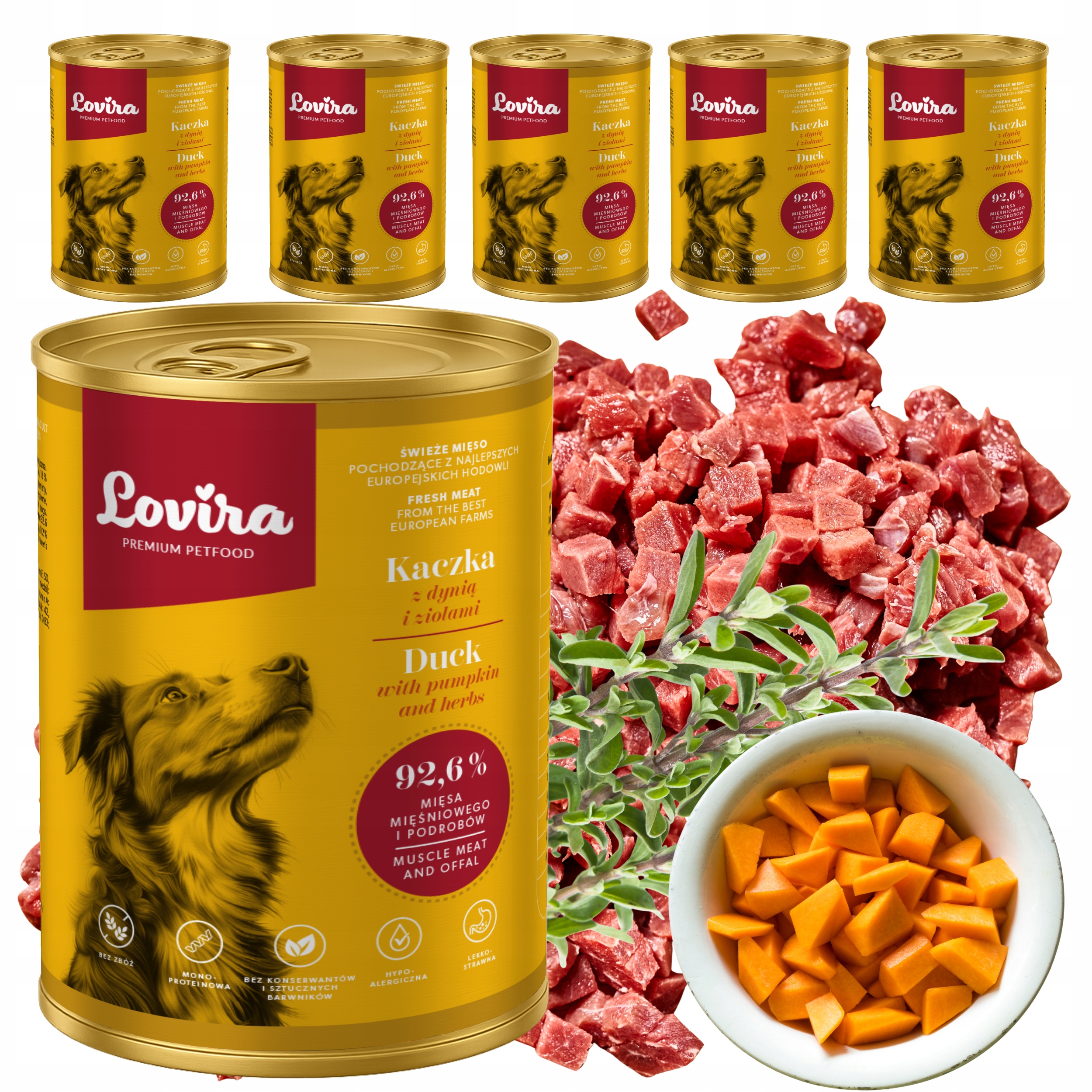 Mokra karma dla psa 92,6% mięsa kaczka z dynią i ziołami Lovira 6x