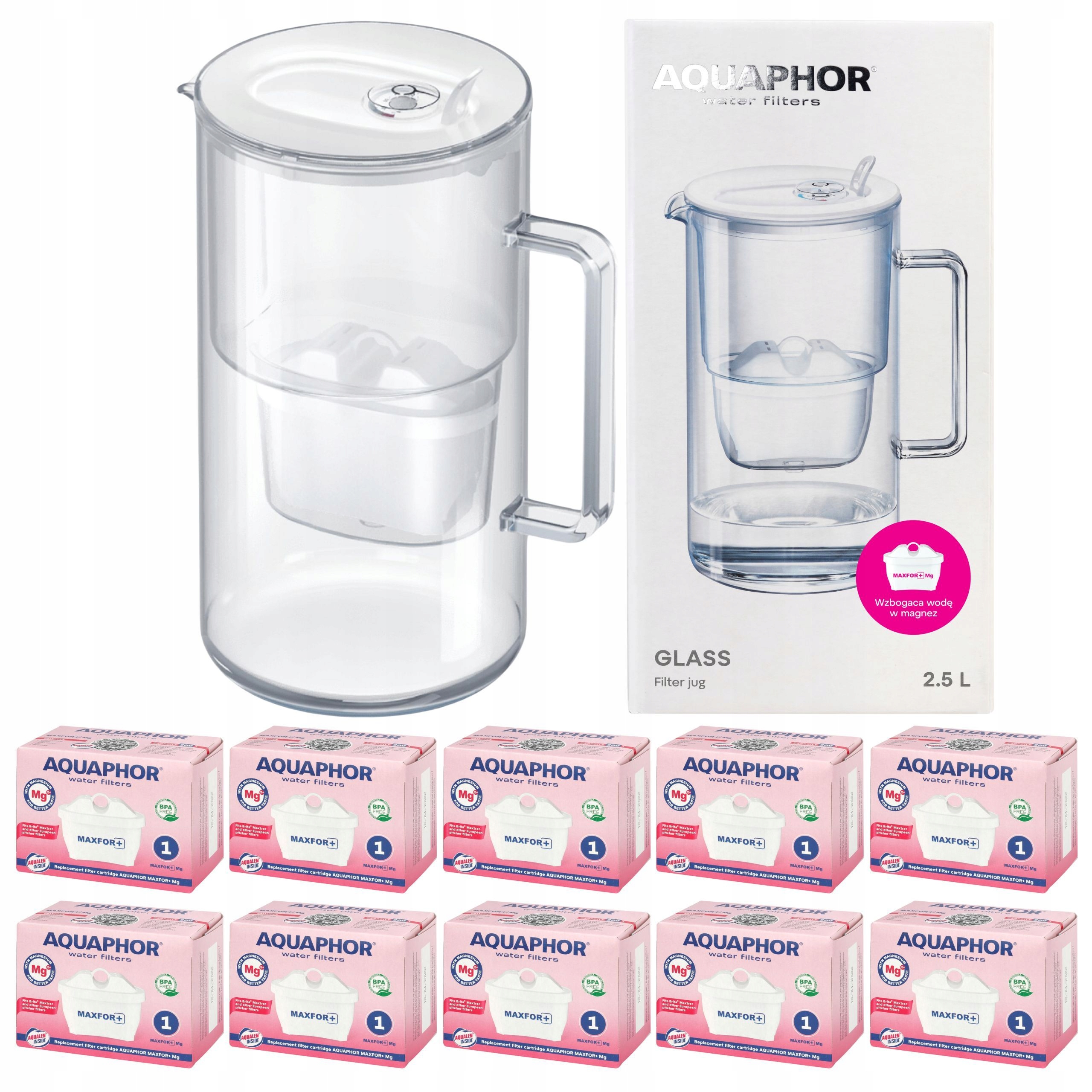 Džbán Aquaphor Glass bílý 2,5 l skleněný na vodu 10 filtrů Maxfor+ Mg
