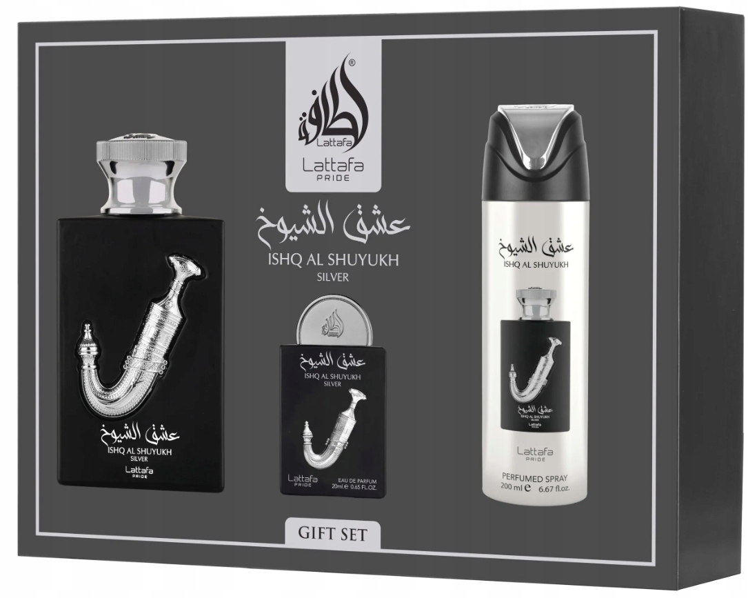 Lattafa Ishq Al Shuyukh Silver 100ML 20ML Deo 200 ML dárková sada