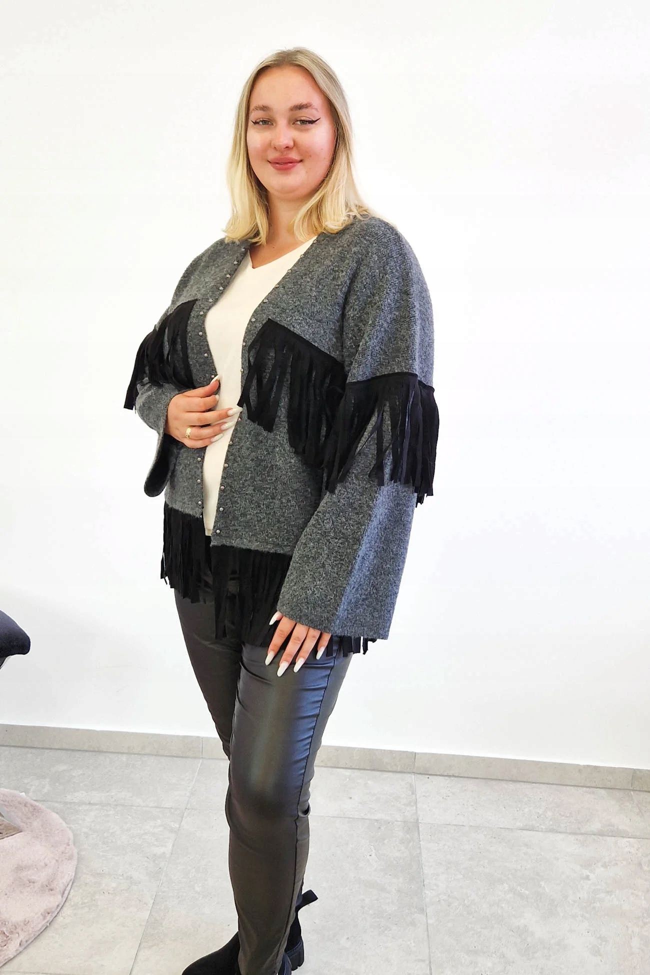 Dámský kardigan Přehoz s třásněmi Popelavý Uni