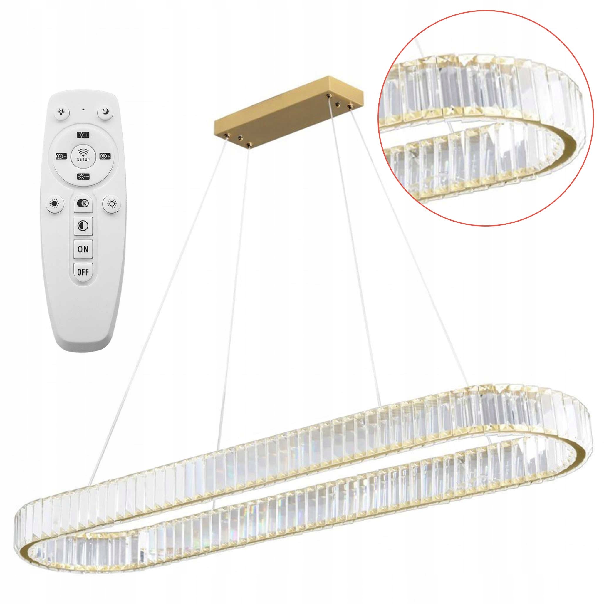 Veľká krištáľová závesná Led lampa 100 cm Zlatá brúsená Diaľkový Ovládač