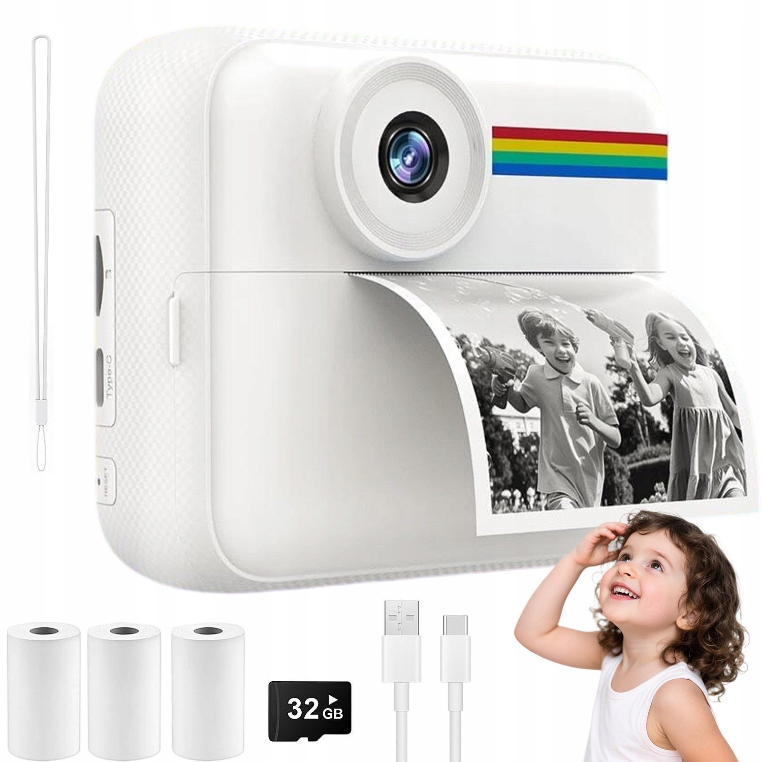 Instantní Fotoaparát Pro Děti Termotiskárna 48MP 1080P 2.4in Bílá
