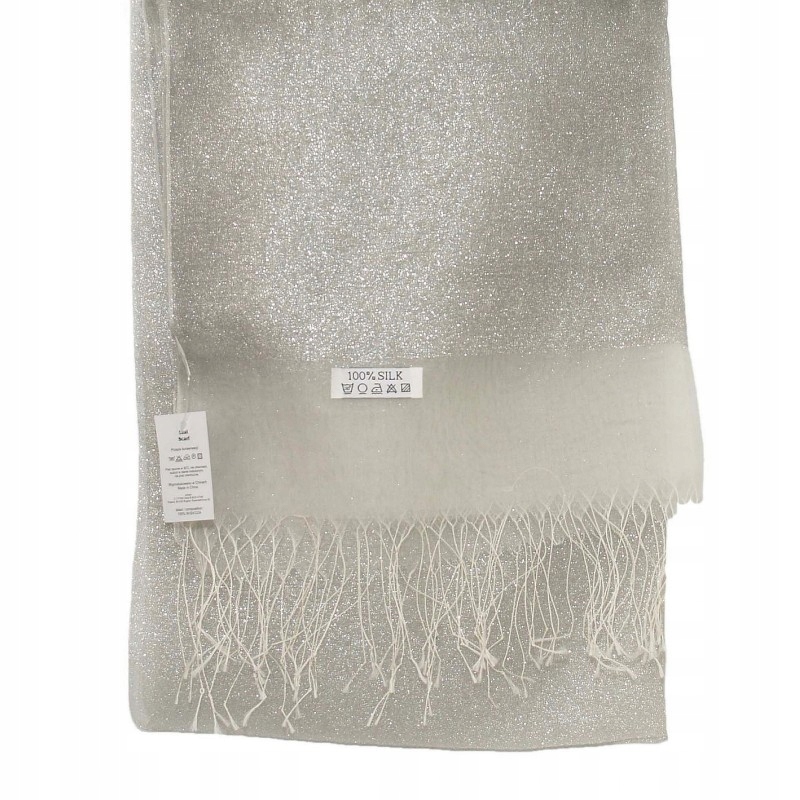 

Szal jedwabny srebrny z frędzlami tiul dwustronny