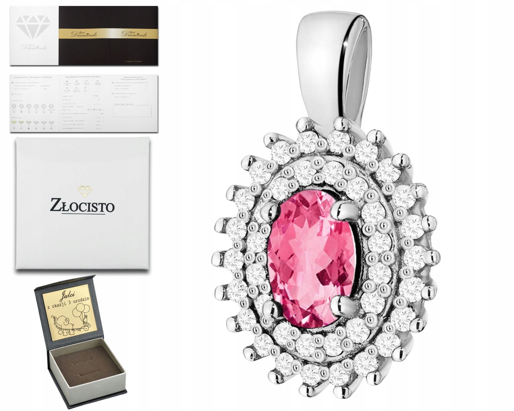 Přívěsek Z Bílého Zlata S Přírodním Kamenem Růžový Topaz A Diamanty