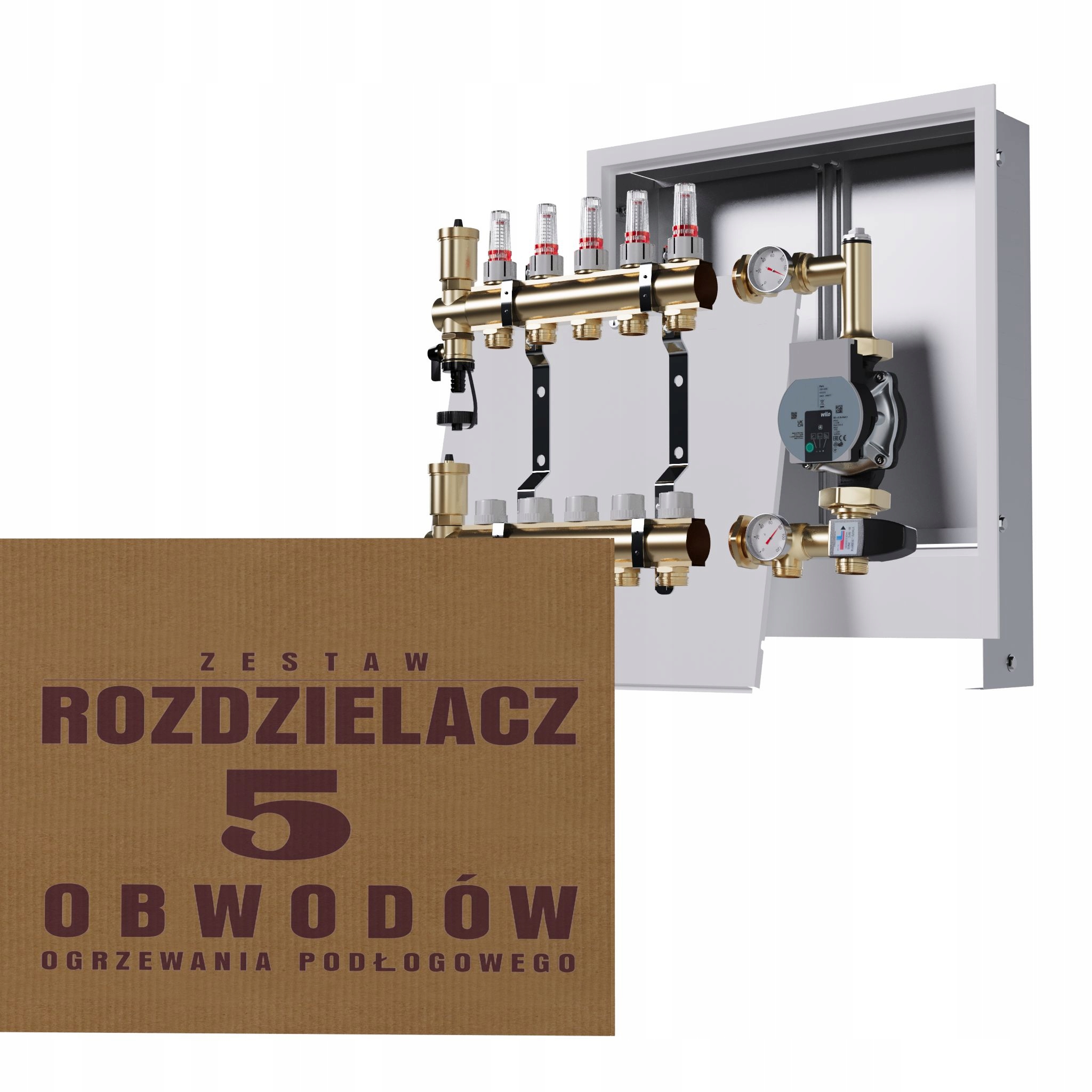 Rozdělovač pro podlahu 5 okruhů se skupinou Wilo podomítková skříňka